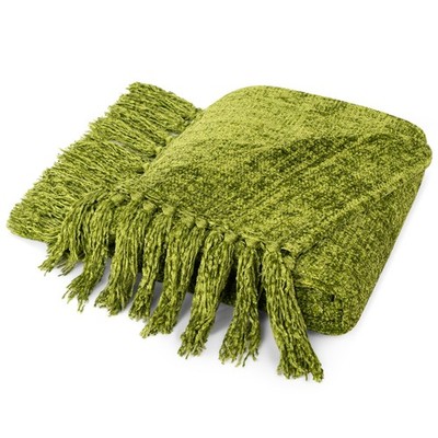 60x80 Inch Olive Green Chenille Throw Blanket Twin Bed Soft Knit Woven Tassel