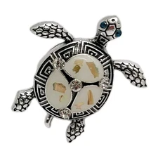 Silver-Tone Sea Turtle Brooch Pin Abalone & Mother-of-Pearl Shell & Rhinestone