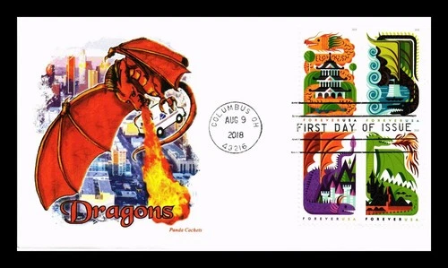 US COVER PANDA CACHETS BLOCK OF 4 FIRST DAY OF ISSUE DRAGONS