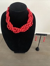 Necklace Earrings Set Red Beaded Braid Chunky Spring Summer Boho Chic Statement