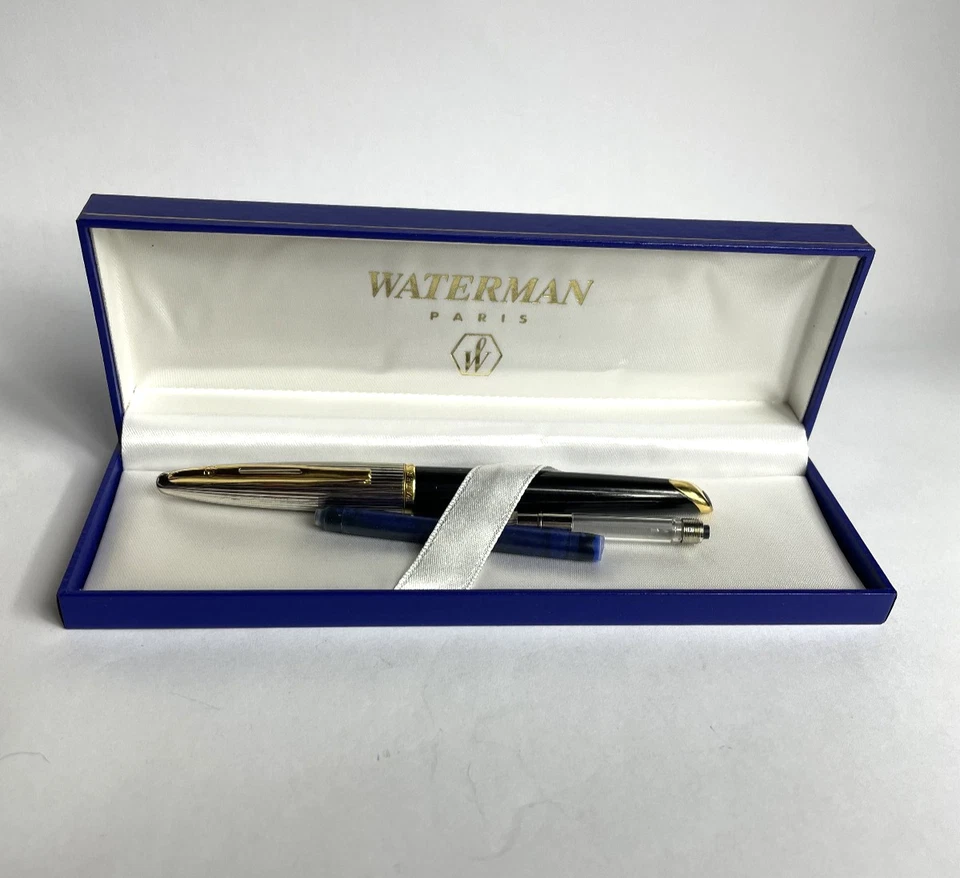 Pluma Estilográfica Waterman Carene Resina Negra Borde Dorado Oro 18K Fino Nuevo en Caja con Caja Foto 2 de 4