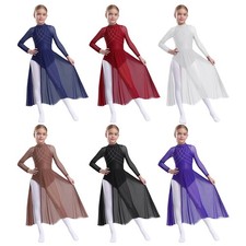Kids Girls Dress Lyrical Leotard Performance Dancewear Sheer Mesh Patchwork