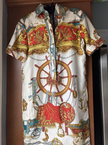 Nautica, Abito Camicia Seta Stampa Nautica Hermès Autentico Vintage Anni 90 Taglia 36