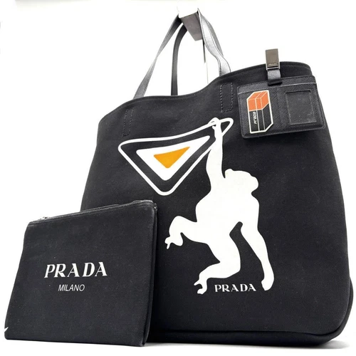 Sac fourre tout Super Prada logo triangle singe étiquette blanche avec pochette noir