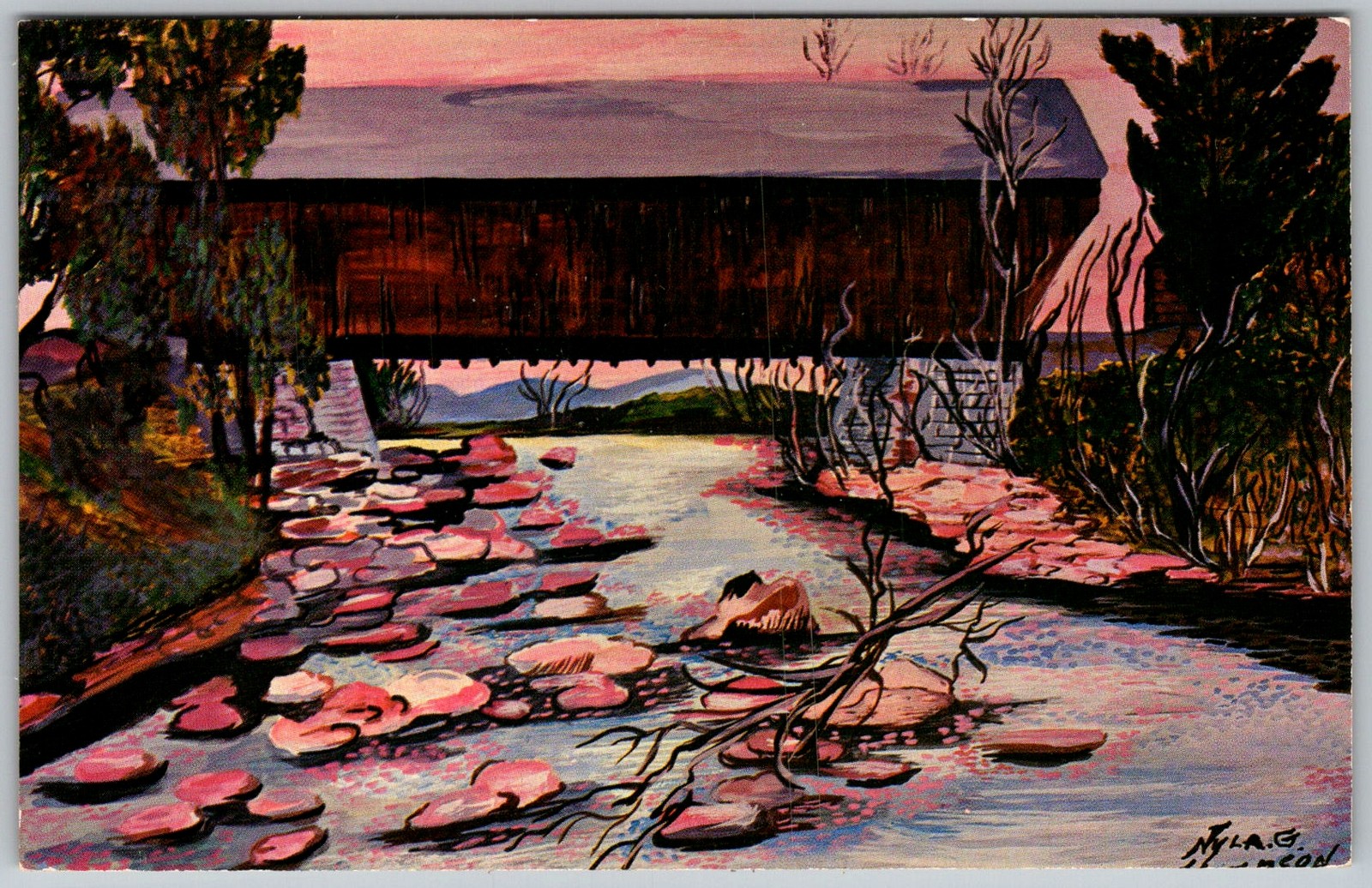 Vtg Postcard Watercolor Covered Bridge 1950s