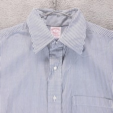 VTG Brooks Brothers Shirt Mens 15 Blue Stripe Makers Short Sleeve Made in USA