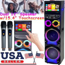Dual 12" Karaoke DJ Party Bluetooth Speaker w/ 15.4" Touchscreen 2 Wireless Mics