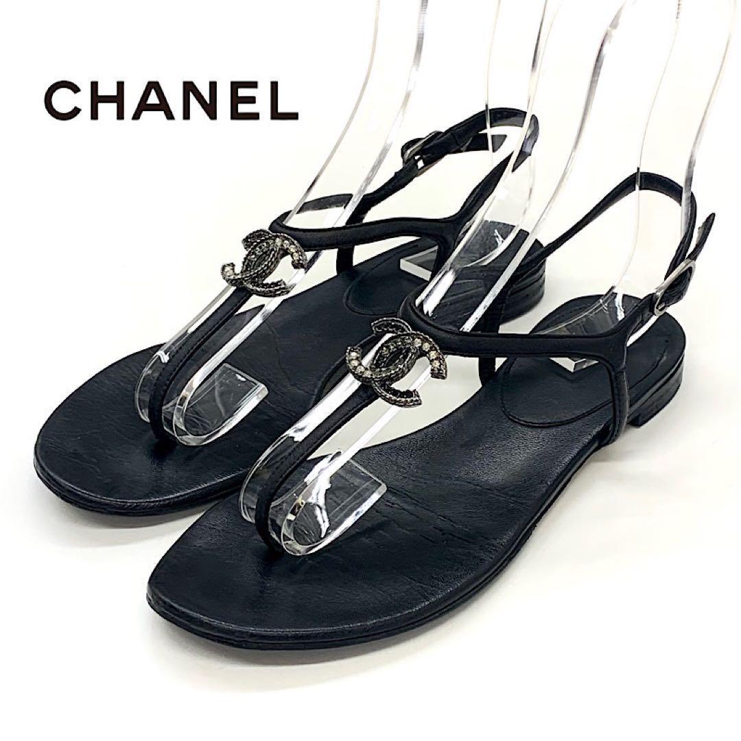 Chanel Thong Sandals Coco Mark Leather Black Size 36 US