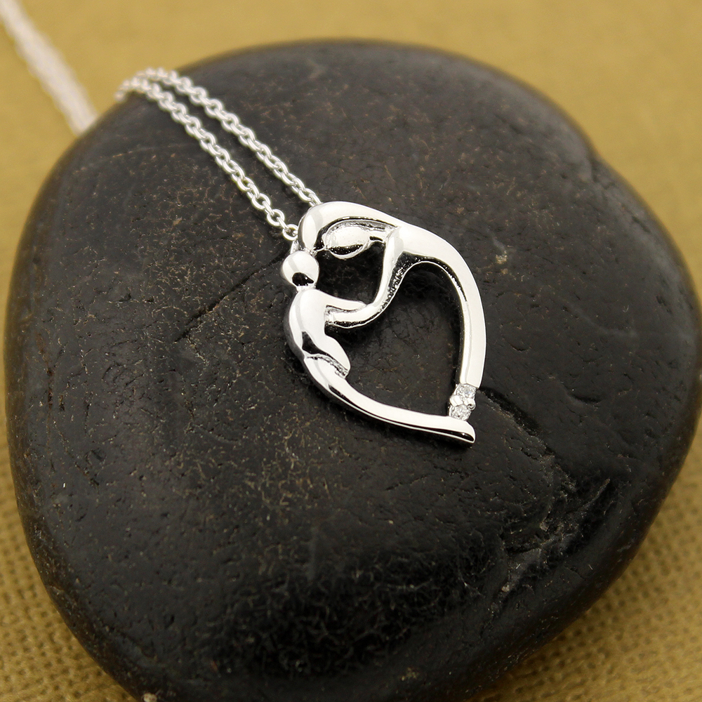 925 Sterling Silver Mother And Child Heart Pendant Necklace – Cubic Zirconia CZ