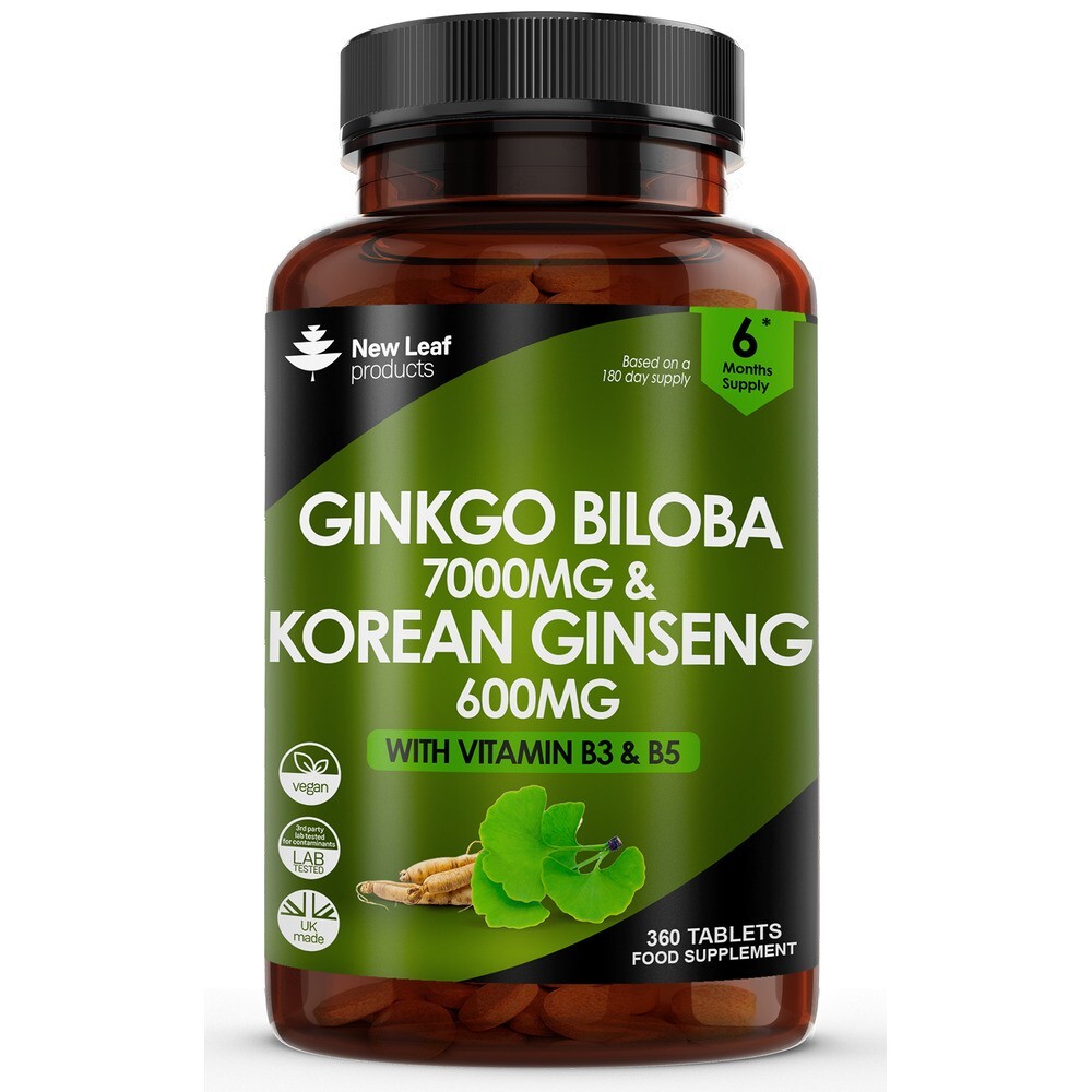 Ginkgo Biloba 7000mg & Korean (Panax) Ginseng 600mg Tablets with Vitamin B3 & B5