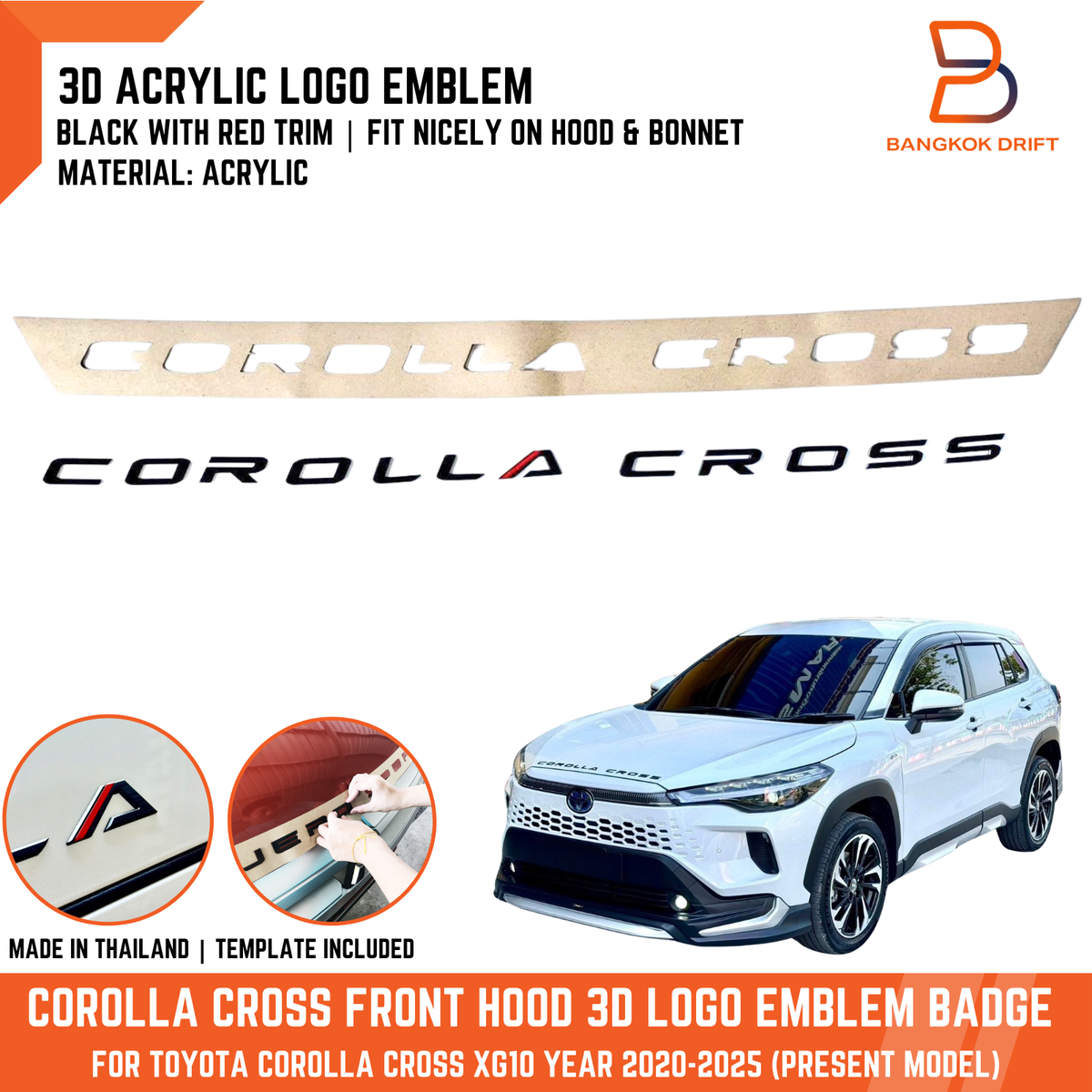 BLACK COROLLA CROSS HOOD 3D ACRYLIC LOGO EMBLEM LETTERS For TOYOTA