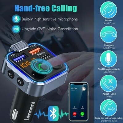 LENCENT FM Transmitter in-Car Adapter,Type-C PD 20W+ QC3.0 Fast USB Charger, Wir
