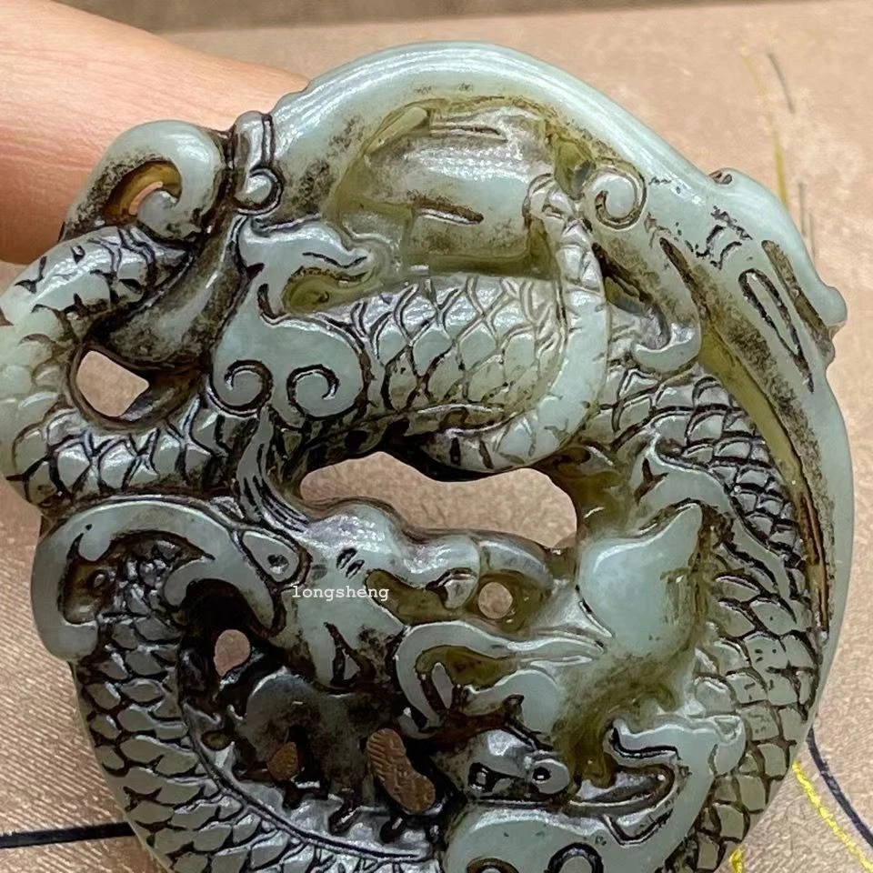 Antiguo collar colgante chino Xiuyan jade tallado dragón artesanal en forma de jade- Foto 4 de 4