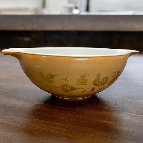 Vintage Pyrex 4 Qt Mixing Bowl Cinderella Brown Gold Rooster Early Americana 444