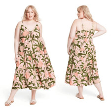 Agua Bendita x Target Womens XL Peony Print Tie-Front Midi Dress Blush/Olive XXL