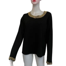 Vintage 1990s Metro Style Gold Beaded Trim Black Sweater L