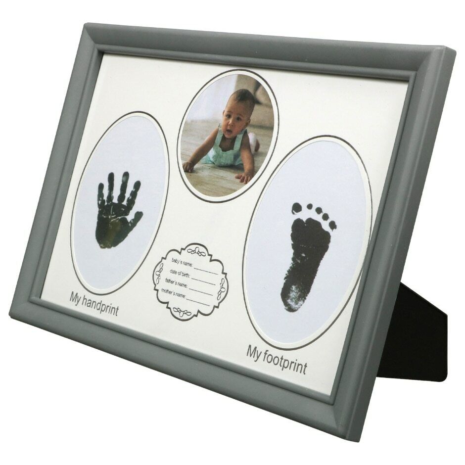Baby's First Photo Frame 12x8.5 Hand & Foot Print Glass Pane Traditional Gray