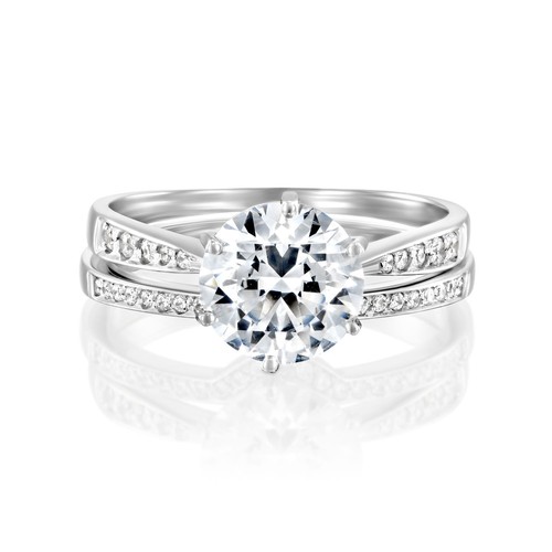 14kt Weißgold Und Diamanten Braut Set (Verlobungsring Und Ehering