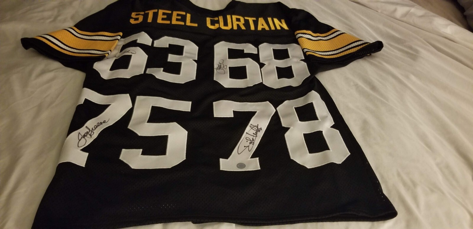 Greene Holmes Greenwood White Autographed Signed Pittsburgh Steelers PITTSBURG BLACK SZ 52 STEEL CURTAIN JERSEY W/ Schwartz coa sticker 