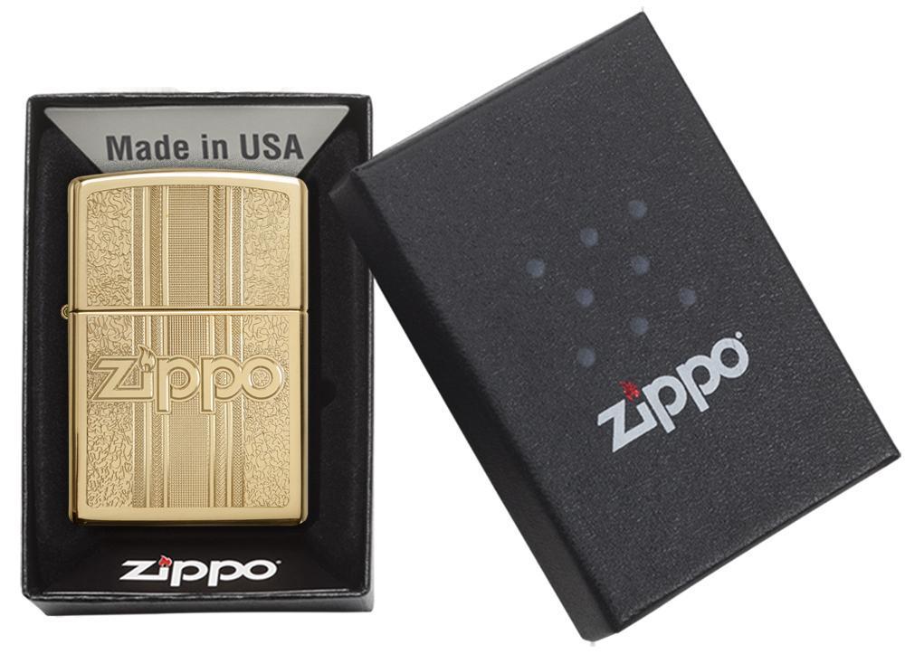 Zippo Windproof Brass Lighter With Ornate Pattern & Zippo Logo, 29677 New In Box