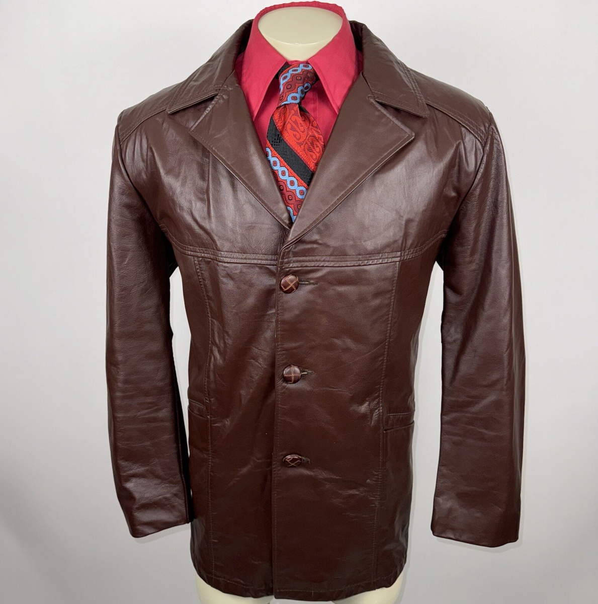 Vintage Sears Leather Jacket Mens Trench Coat 60s 70s Disco