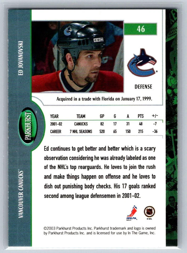 2002 Parkhurst #46 Ed Jovanovski Vancouver Canucks - Image 2 of 2