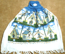 1 Crochet Top Hanging Kitchen Towel Birds Birdhouses Churches eight, Single blue