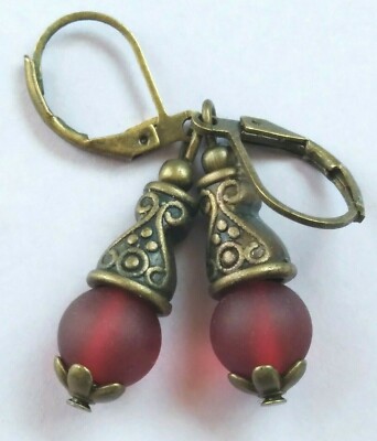 CHERRY FROSTED GLASS drop earring BRONZE HANDCRAFTED 