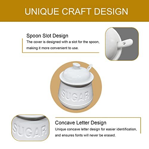 Sugar Bowl with Lid and Spoon, Ceramic Sugar Containers for Countertop, White - Afbeelding 3 van 7