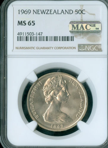 1969 NEW ZEALAND 50 CENTS NGC MS65 PQ  LETTERED EDGE MAC SPOTLESS .