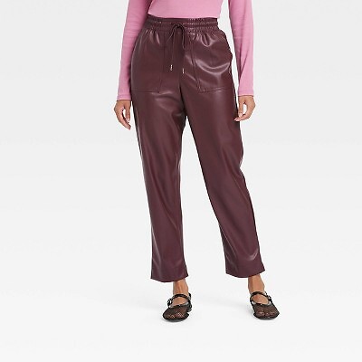 Women's High-Rise Faux Leather Tapered Ankle Pull-On Pants - A New Day Burgundy