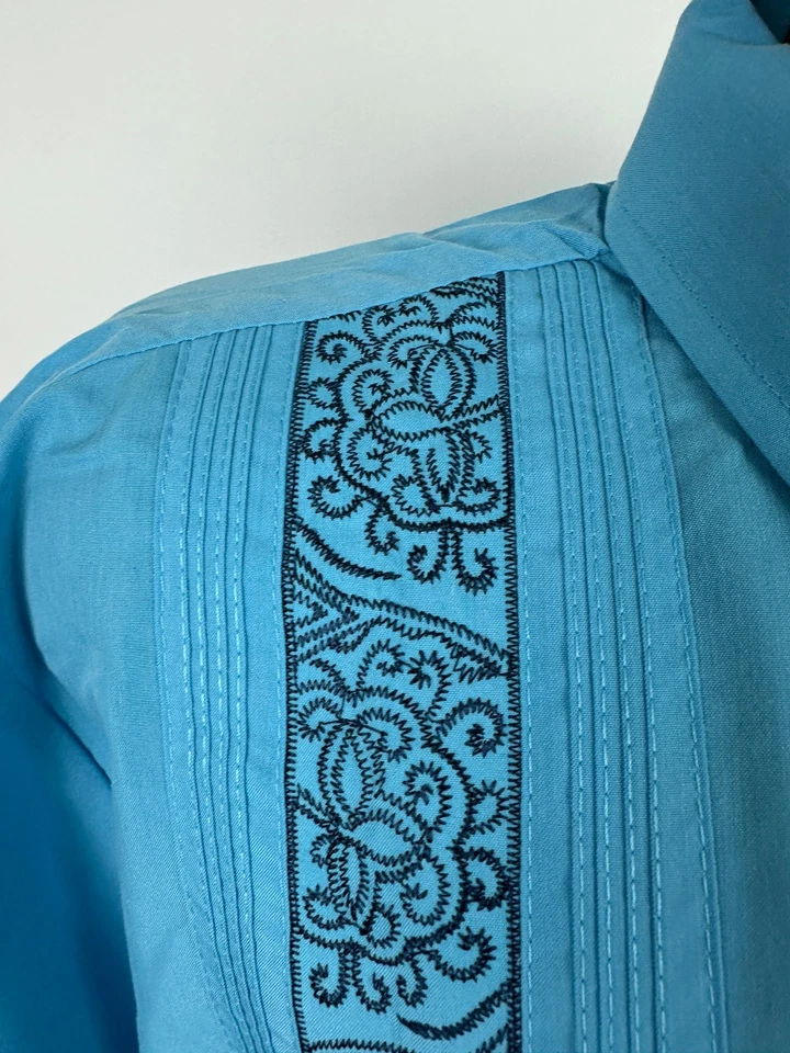 Guayabera Shirt Men L Blue Full-Zip Embroidered Paisley Cuban Wedding Haband NEW - Image 4 of 4
