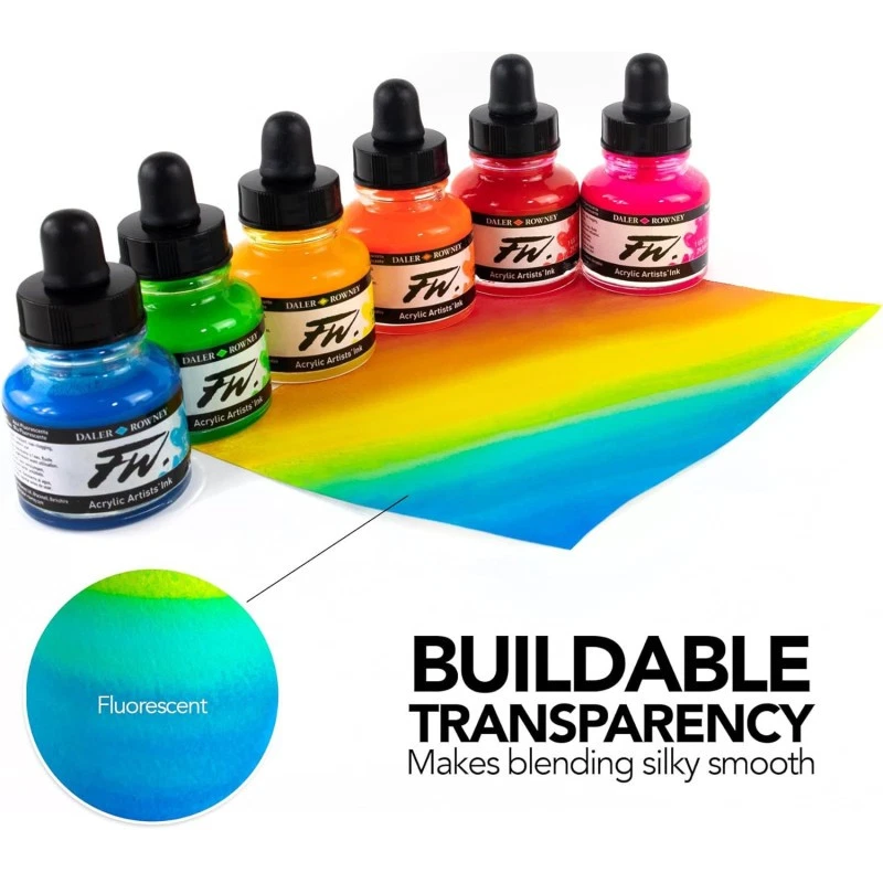Encres acrylique - 6 flacons 29,5ml + 1 marqueur - Couleurs fluos -  Daler Rowne - Photo 3/3