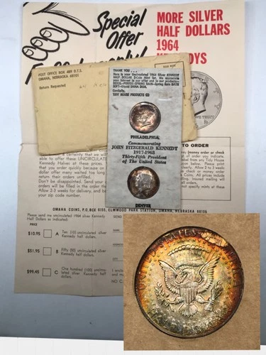 Vintage Tidy House Set #1 - UNC 1964 P&D Kennedy Half Dollar - *Rainbow Toning*