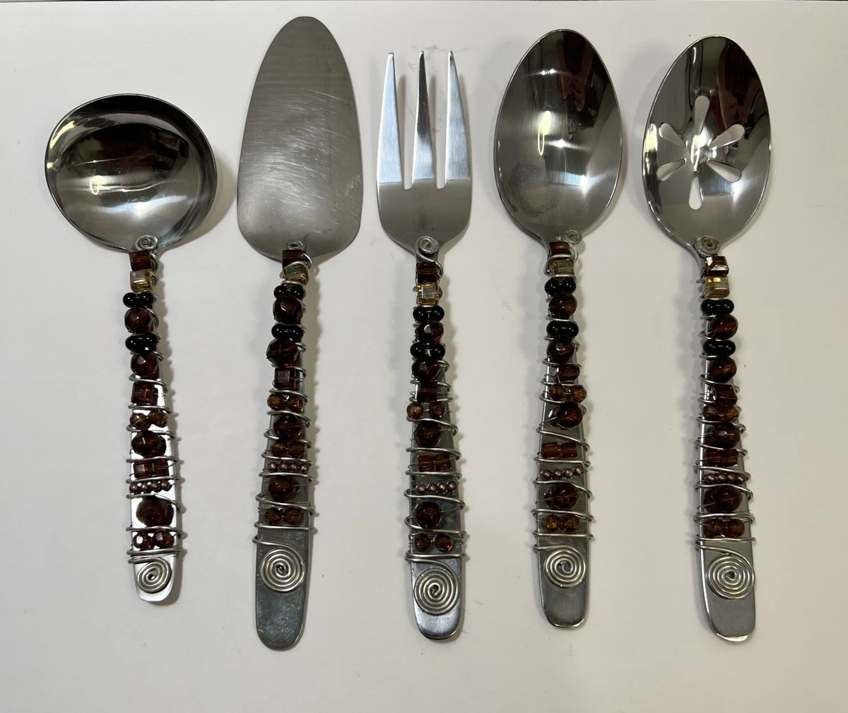 Beaded Wire Wrapped Utensil Set Brown Fork Spoon Pie Server Ladle Stainless