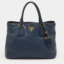 Prada Daino Navy Blue Leather Shopper Tote
