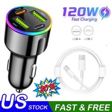 120W Fast Car Charger 4 Port Adapter  Cable For iPhone 17 16e 15 Pro Max 14 13