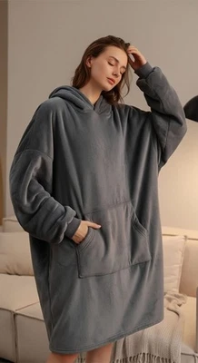 V.&GRIN Winter Oversized Blanket Hoodie Fluffy Sherpa Fleece Warm Cosy Dark Grey Gift
