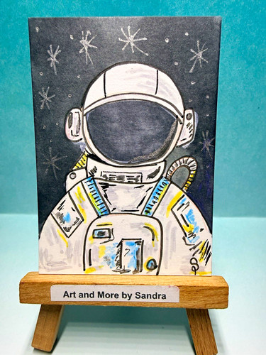 ACEO Original Astronaut Outer Space Stars Drawing on Paper Signed by Sandra