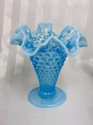 Vintage Fenton Opalescent Blue Hobnail French Ruffled Edge Vase, 1939, Glows!