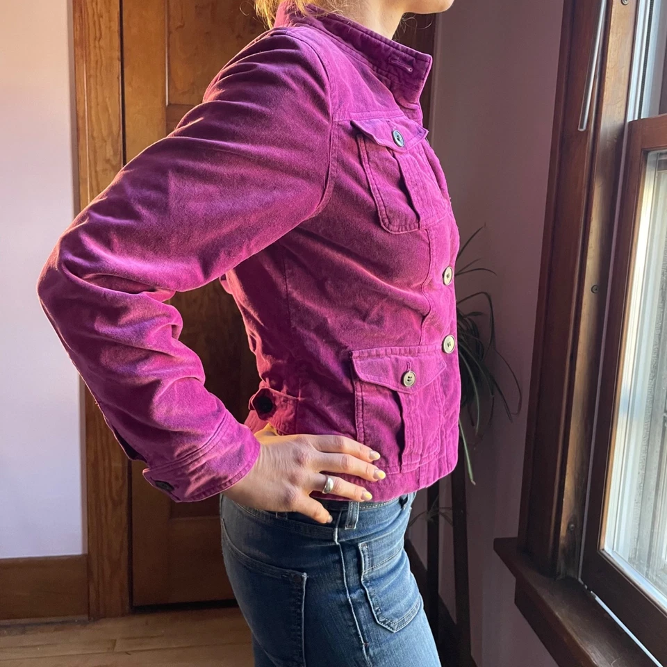 Chaqueta de terciopelo rosa Y2K para mujer pequeña S magenta felpa estilo utilitario botón delantero Foto 2 de 4