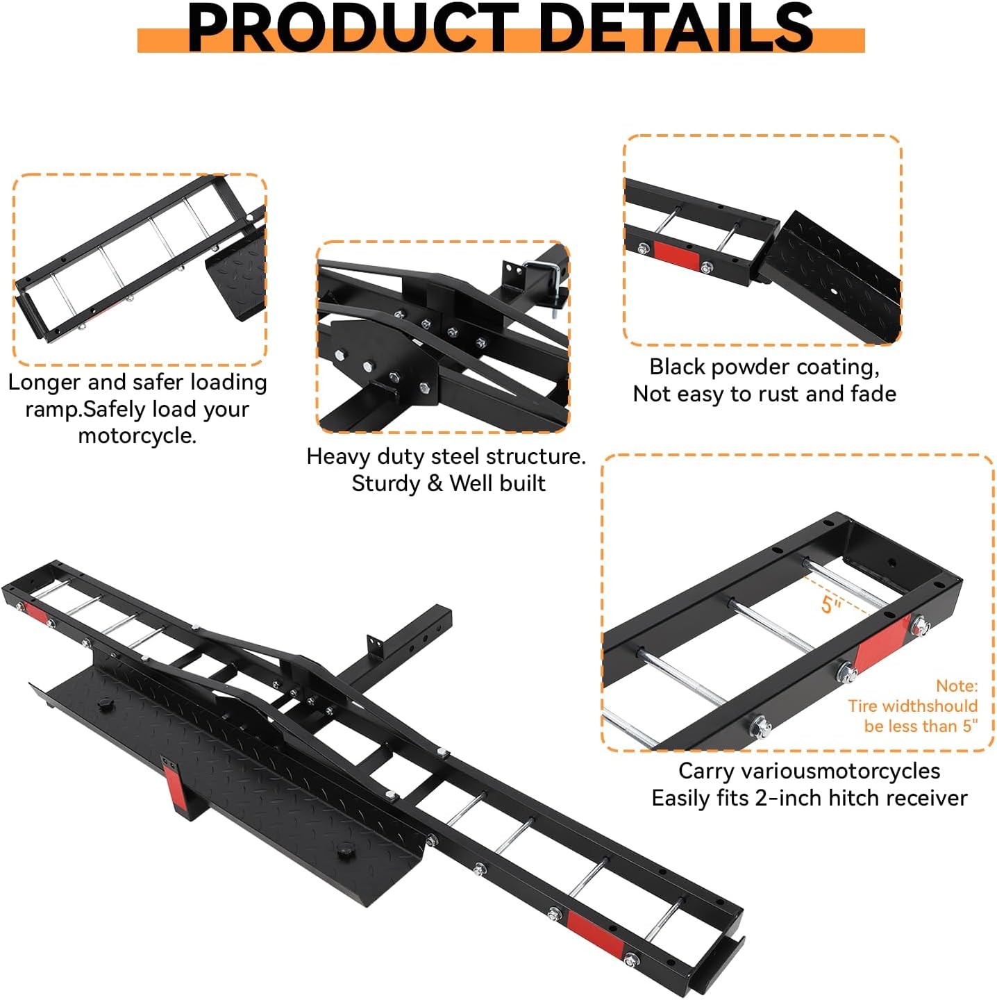 Motorcycle Hitch Carrier Rack, 500 lbs Load, Detachable Ramp, 2" Receiver Fit
