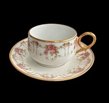 Antique Limoges Tea Cup  Saucer Gold Trim Pink Rose Garland Pattern France