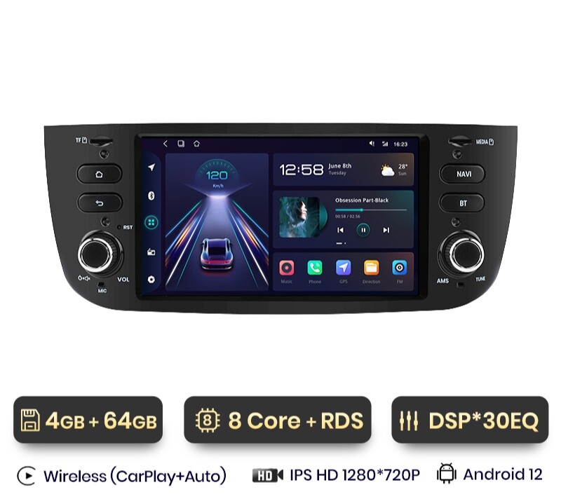 Autoradio Android pour Fiat Punto Evo 2010-2016 avec GPS et CarPlay sans fil