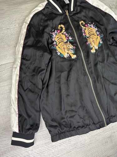 Embroidered Tiger Jacket H&M Divided Black Satin Bomber Full Zip Coat Size 12 - Picture 11 of 23