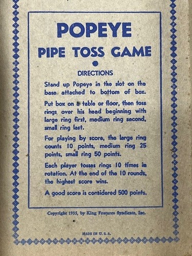 1935 POPEYE Pipe Ring Toss Game, King Features No. 17, Complete Game - Picture 12 of 12