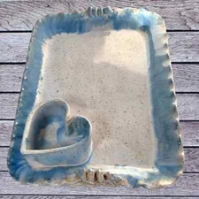 Studio Pottery Chip Dip Vintage Platter Signed Art Heart Serving Tray Blue Drip