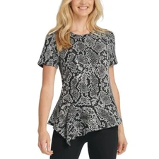 DKNY NEW Women's Animal Print Asymmetrical Peplum Knit Casual Shirt Top XS TEDO