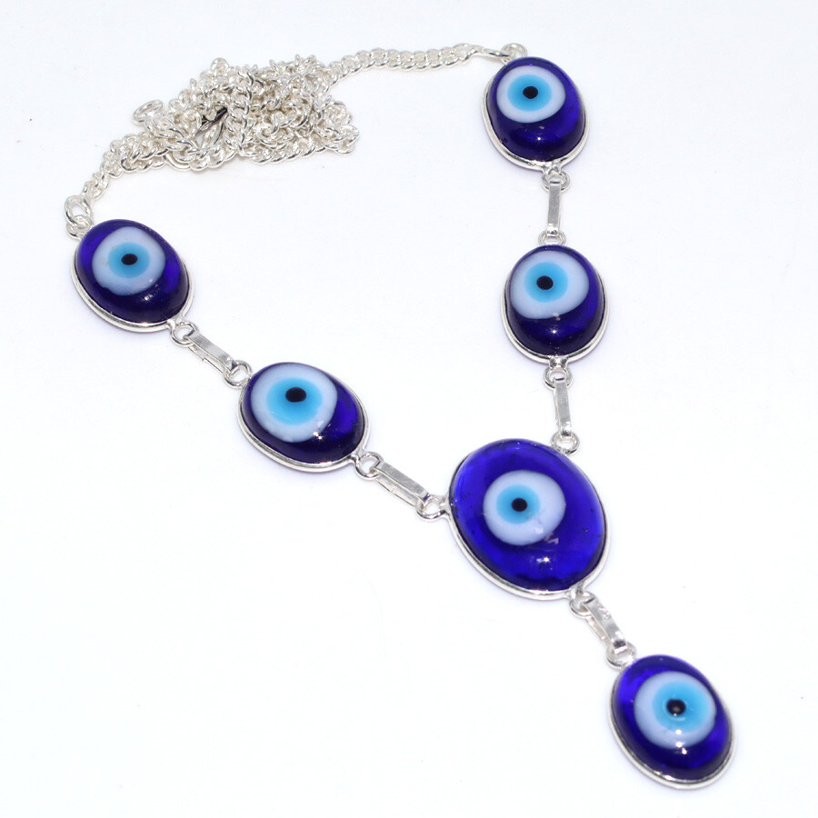 Blue Evil Eye 925 Silver Plated Gemstone Handmade Necklace 17