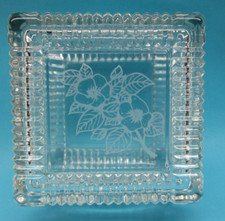 Vintage Clear Glass Trinket Square Box With Floral Etched Lid